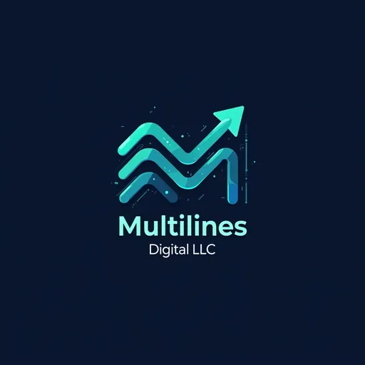Prompt: "A modern digital marketing logo: Dynamic abstract lines forming an 'M' shape, gradient navy blue to teal, circuit board texture accents, clean sans-serif text 'Multilines Digital LLC', rising graph arrow, minimalist and professional. 3D flat design, vibrant, tech-inspired."