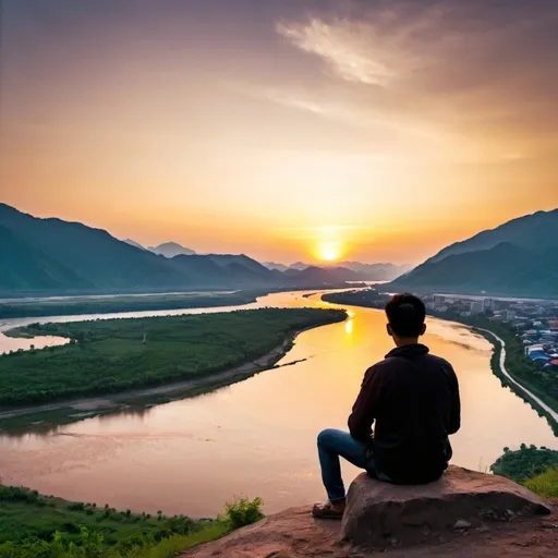 Prompt: A man seat on mountain near the river and calm environment sunset time is near.