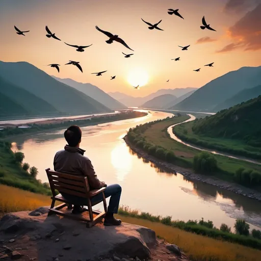 Prompt: A man seat on mountain near the river and calm environment sunset time is near and some birds fly in sky 