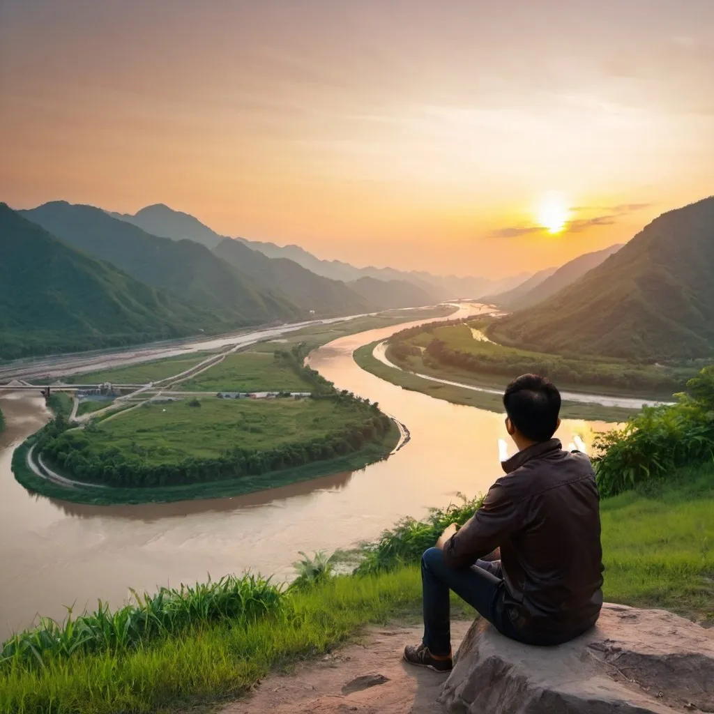 Prompt: A man seat on mountain near the river and calm environment sunset time is near.