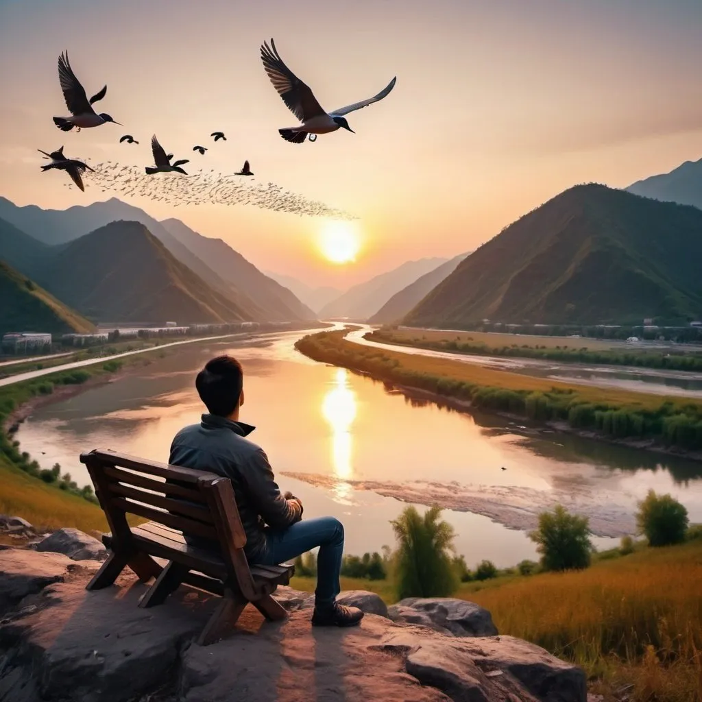 Prompt: A man seat on mountain near the river and calm environment sunset time is near and some birds fly in sky 