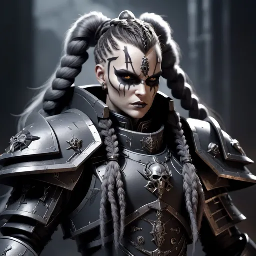 Prompt: Warhammer 40k psyker with top knot braids and carapace armor, fur in shades of dark gray, intense action pose, gothic background, highres, detailed rendering, sci-fi, action, dramatic lighting, dark tones