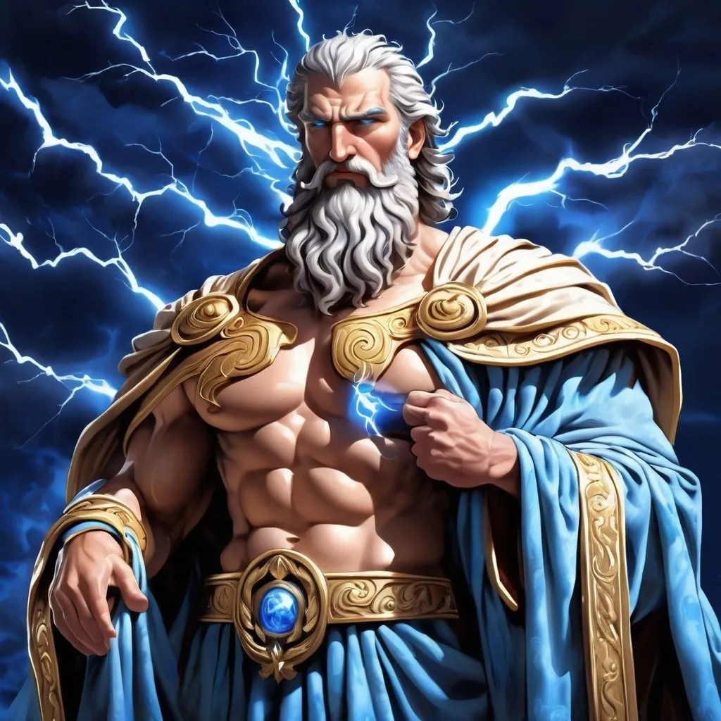 Prompt: Zeus, Greek mythology, Gates of Olympus, 375x667 pixels, blue background, detailed robe, majestic beard, powerful lightning, ancient deity, mythical, high quality, digital art, atmospheric lighting