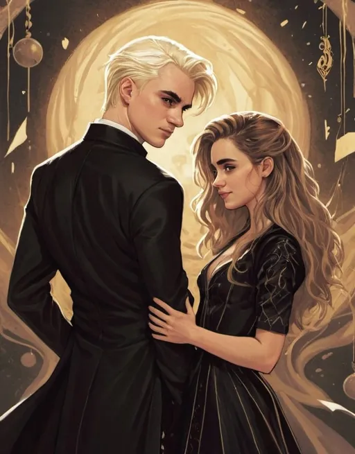 Prompt: Digital art of Hermione granger and Draco malfoy at a ball