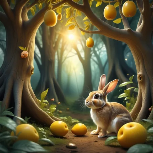 Prompt: A little rabbit in an enchanted forest, where the trees are laden with golden fruits and the animals are talking among themselves. Under the tree there is a shining gem which surprised the rabbit."