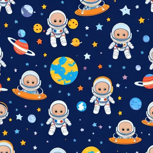 Prompt: Astronaut cartoon pattern for children with planets, comets and stars around and several astronauts flying in space, including one waving. Faces look clear and are very tender, the astronauts look like little human babies.