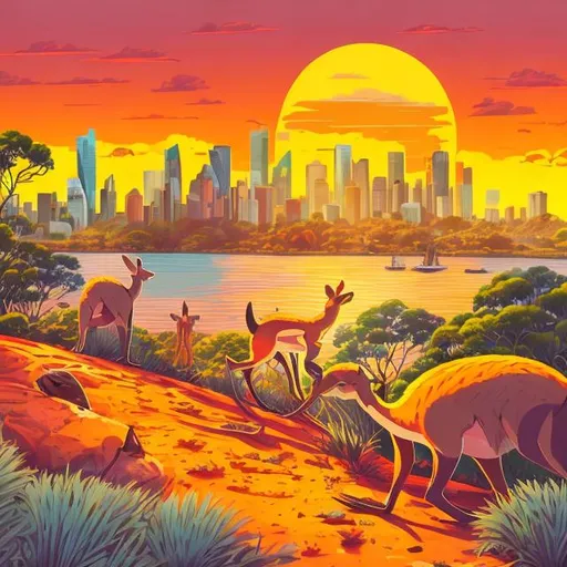 Prompt: Cartoon illustration of Australian culture at sunset, vibrant colors, detailed kangaroos,koalas and sydney opera house, iconic outback setting, warm tones, cartoon painting, high quality, vibrant colors, scenic sunset, detailed wildlife, iconic Outback, cartoon style, warm tones, atmospheric lighting