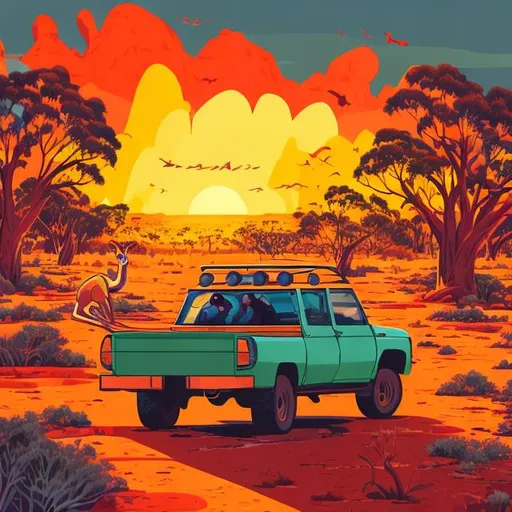 Prompt: Cartoon illustration of Australian culture at sunset, vibrant colors, detailed kangaroos and koalas, iconic outback setting, warm tones, cartoon painting, high quality, vibrant colors, scenic sunset, detailed wildlife, iconic Outback, cartoon style, warm tones, atmospheric lighting