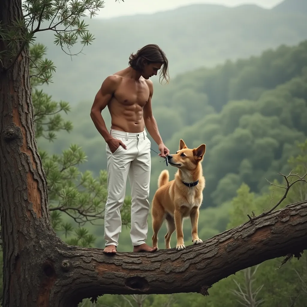 Prompt: make me a man with white pants no shirt six-pack with long hair brushed back standing on a fallen tree with his dog out