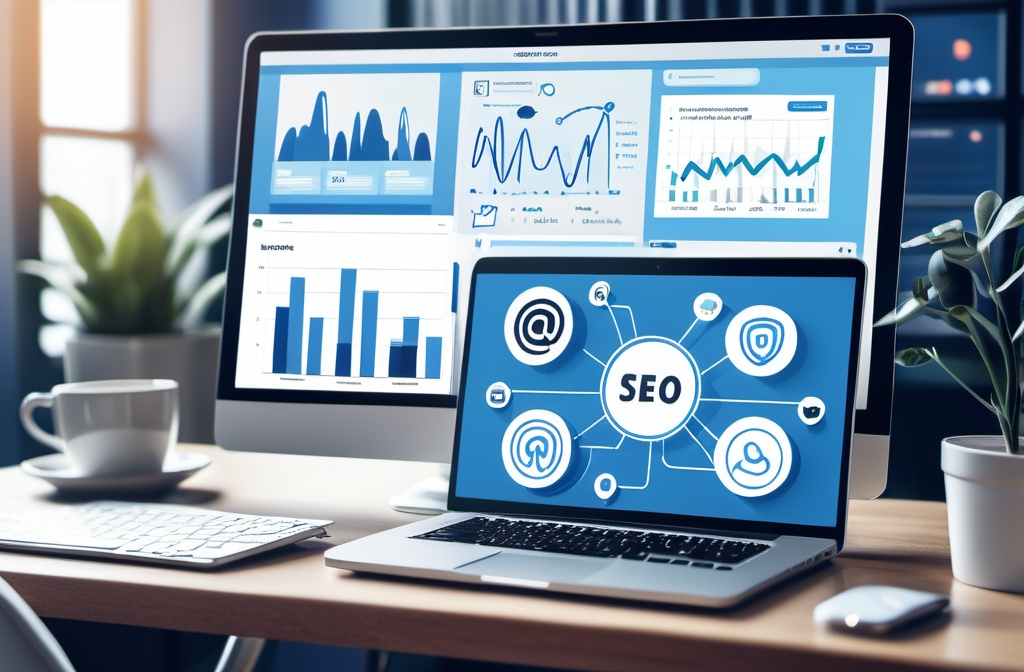 Prompt: "A modern digital marketing office setup with a laptop showing SEO graphs, digital marketing icons like social media, email, and pay-per-click surrounding the screen. The background includes soft blue and white tones, symbolizing growth and connection in a digital space."