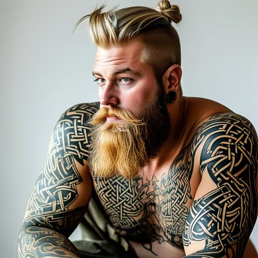 Prompt: A man sitting on a stool against a white background. His shirt is off showing and highlighting norse body tattoos all over his upper torso. Make creative norse tattoo designs. Closeups of tattoo