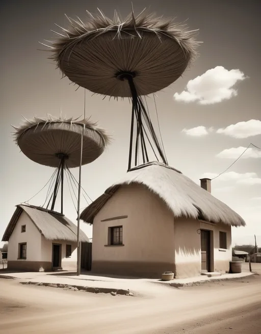 Prompt: 
"Realistic monochrome image of a 1920s rural Argentine village with small thatched-roof homes. Futuristic tech elements subtly integrated—like advanced antennas or energy devices—create a surreal mix of tradition and innovation. Sepia tones and slight wear for a vintage photo look."


