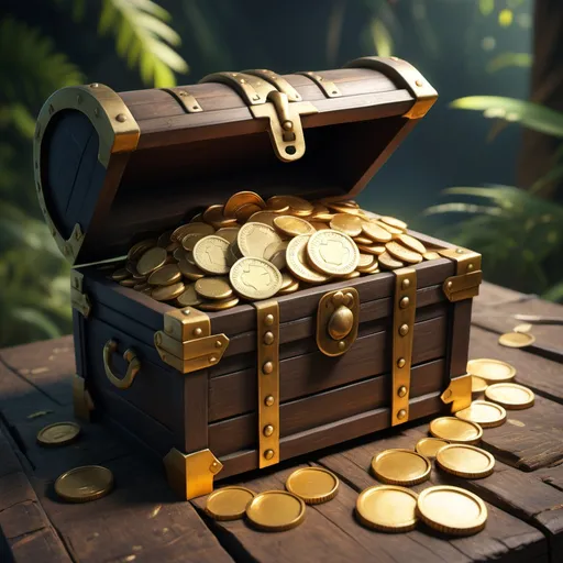 Prompt: An open treasure chest with golden coins in it. On the treasure chest is written team_chests