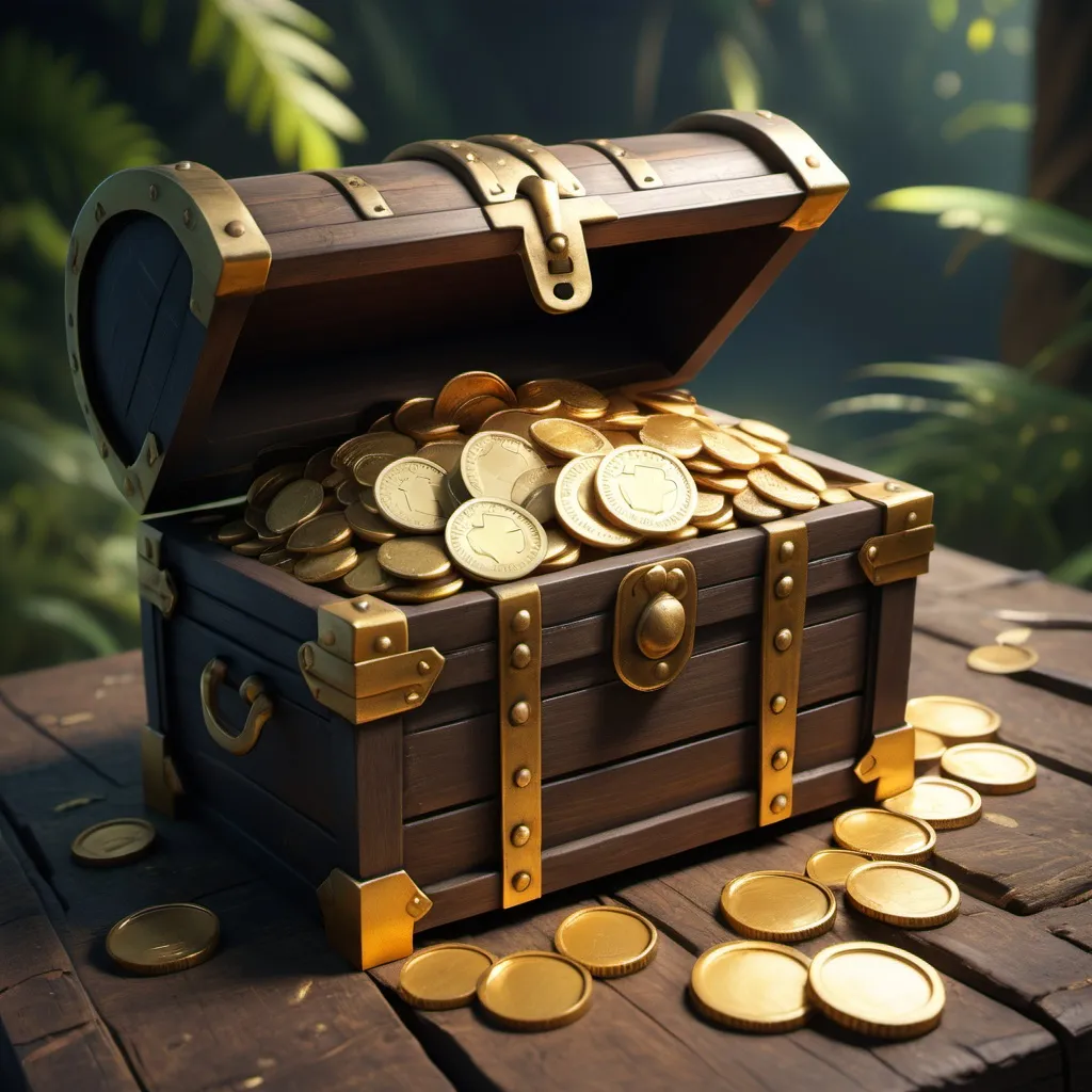 Prompt: An open treasure chest with golden coins in it. On the treasure chest is written team_chests