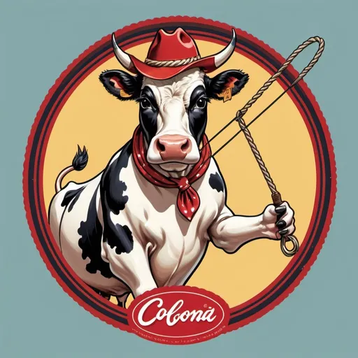 Prompt: a brand logo featuring pin-up cow with a lasso