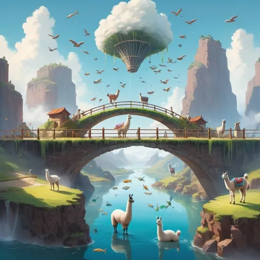 Prompt: A bridge spans between floating islands in the sky, with llamas walking on the bridge and fish swimming below, creating a bright and playful atmosphere in the picture.