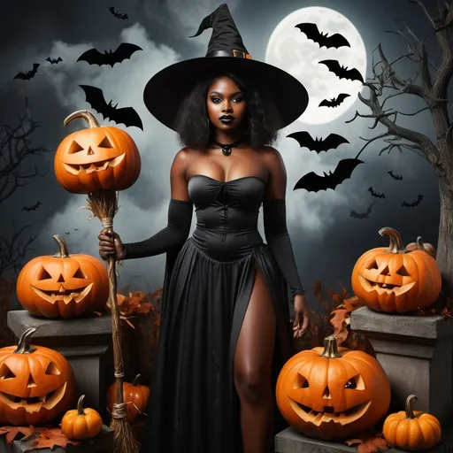 Prompt: witch broom standing beside a beautiful black woman and pumkins and bats