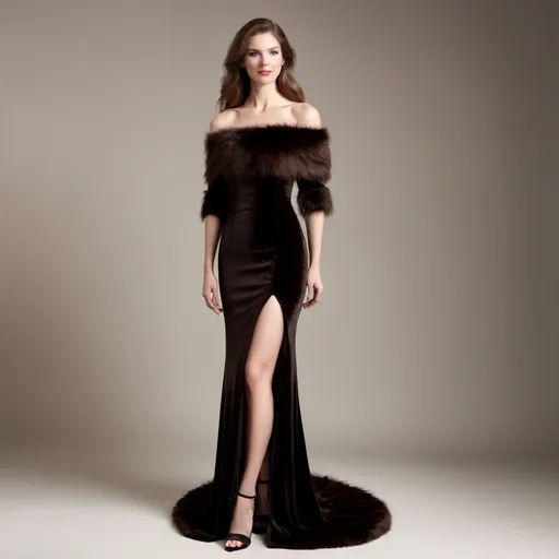 Prompt: A fair skinned 5" 11' white woman. She looks feminine and graceful. She models a darkbrown (almost black) off the shoulder furry gown. This gown has an open slit with black velvet inside the gown. It looks simple but luxurious.