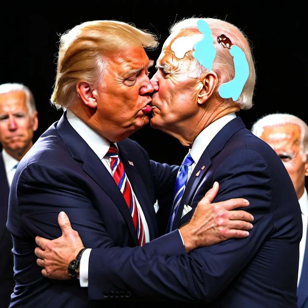 Prompt: Donald trump and joe biden kissing oiled up