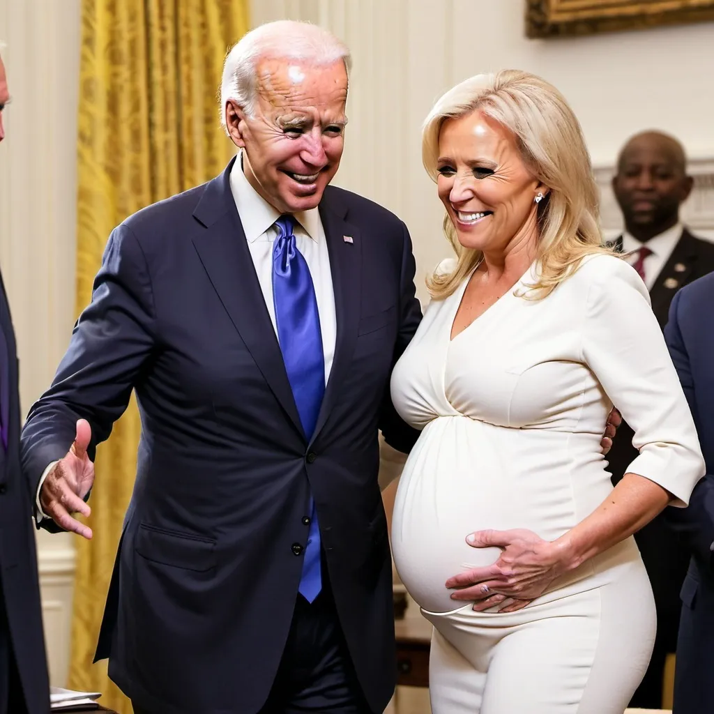 Prompt: pregnant joe biden, trump rubbing belly