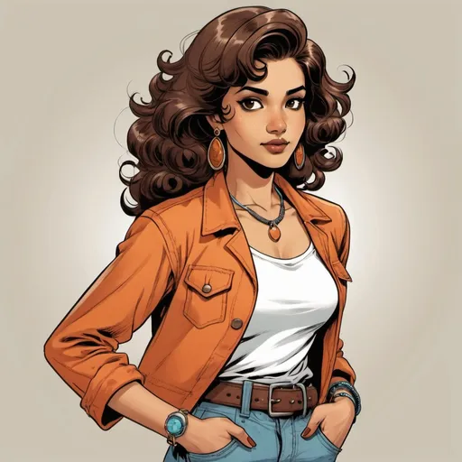 Prompt: Create a retro, funky, comic character of a girl who is around 20 years, and she is an Indian wearing a casual dress. She is wearing an orange jacket with a white tshirt and light blue jeans with a brown belt. She is wearing a bangle on her left hand and simple and small earings. her hair is open and curly at the end, hair color is black. her skin tone is honey. and that girl should be closed with dress no  exposing of the body with and as a retro comic 