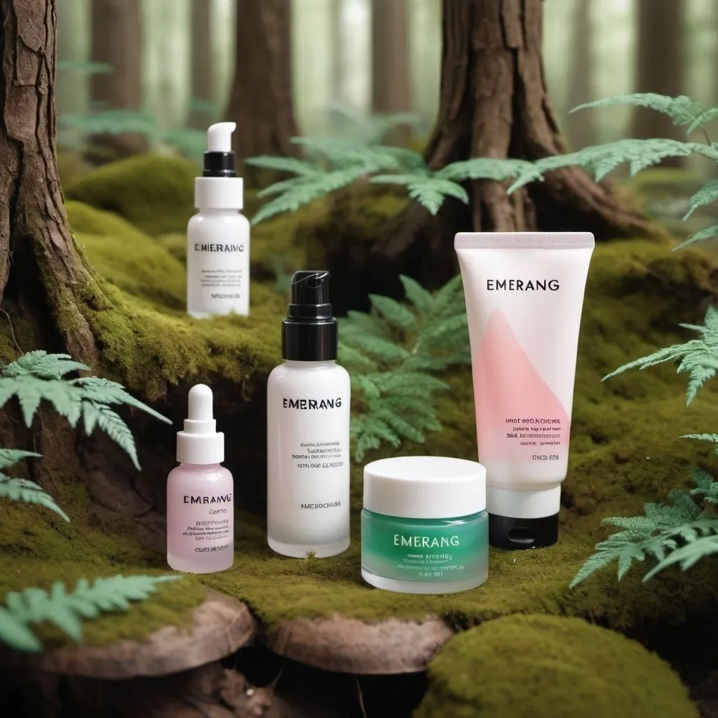 Prompt: A scene with emerang-colored moisturizing toner, serum, and cream cosmetics in a small miniature forest.