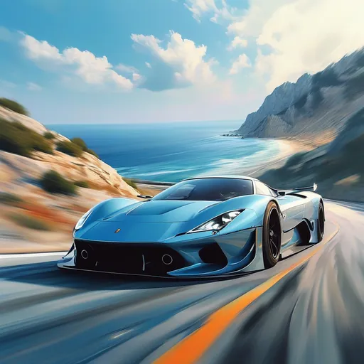 Prompt: realistic sketching of a wide body sportscar speeding through winding road with stunning sea and skies as background