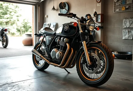 Prompt: a cb 400 cafe racer parking in a garage