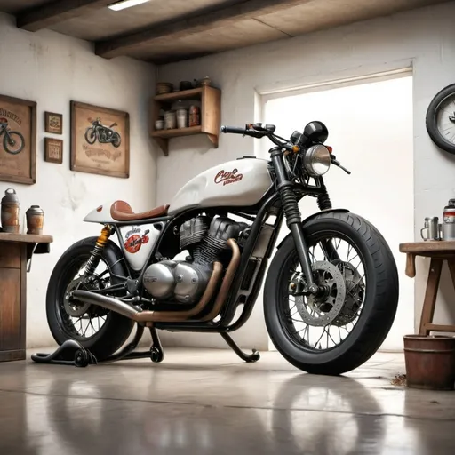 Prompt: cafe racer bike standing in the dimly lit garage with white walls