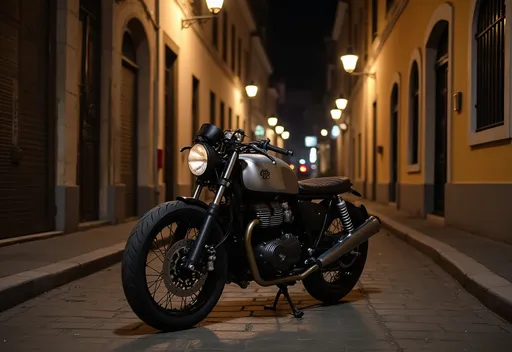 Prompt: a classic italian cafe racer parking in a narrow street at night