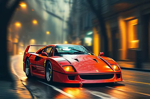 Prompt: a ferrari f40 lookalike speeding down a narrow city streets at night