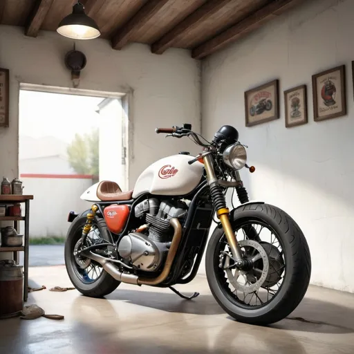 Prompt: cafe racer bike standing in the dimly lit garage with white walls