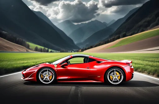 Prompt: an artistic photoshoot of a ferrari 458 lookalike with mountains and skies as background