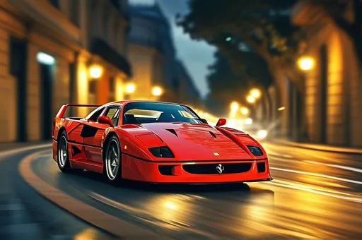 Prompt: a ferrari f40 lookalike speeding down a narrow city streets at night