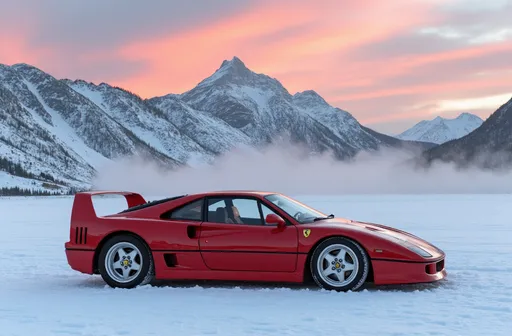 Prompt: an artistic sketching of a ferrari f40 lookalike with the evening sea snowy mountain as background