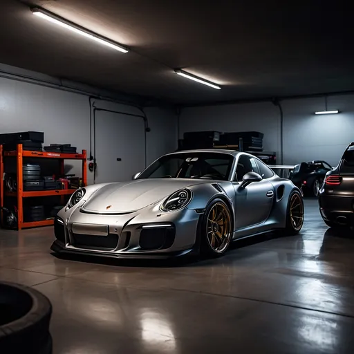 Prompt: a wide body porsche parking in a dimly lit garage