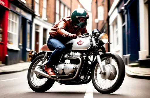 Prompt: a classic british cafe racer speeding down a narrow street