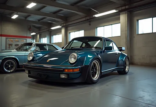 Prompt: a wide body 80s porsche parking in a  garage