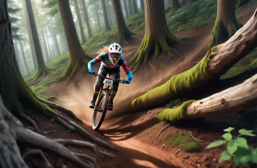 Prompt: ariel shot of mtb downhill racer speeding down trees with exposed roots