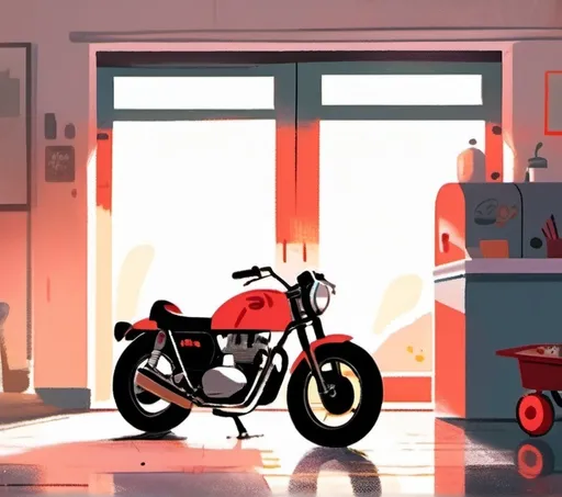 Prompt: cafe racer bike standing in the dimly lit garage with white walls