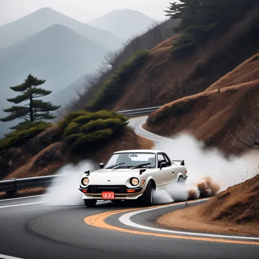 Prompt: classic japanese sportscar drifting on windy mountain road