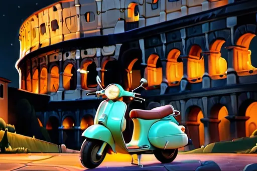 Prompt: a classic itakian scooter parked in front of the colleseum at night