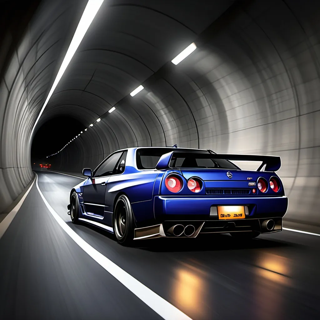 Prompt: realistic rendering of Nissan R32 GTR racing through a tunnel at night