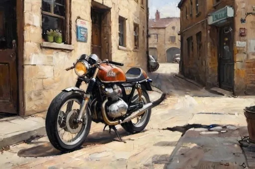 Prompt: a cafe racer bike parkin in an alley way