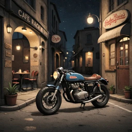 Prompt: a classic cafe racer parking in a narrow street at night