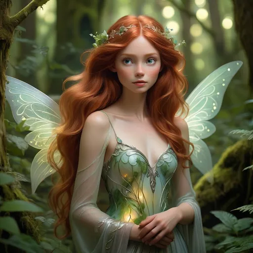 Prompt: In a mystical forest illuminated by ethereal light, a fairy with flowing, wavy auburn hair gazes pensively over her shoulder, embodying both grace and intrigue. Her delicate, iridescent wings shimmer with hints of silver and green, contrasting beautifully against her skin, which is adorned with intricate, natural motifs. The surrounding environment is lush and textured, filled with enchanting flora and softly glowing orbs that create an otherworldly atmosphere. Captured with an enchanting focus, the composition highlights her expressive features, suggesting a narrative steeped in fantasy and wonder, as she seems to invite the viewer into her enchanting realm. The overall mood is magical and serene, evoking a sense of curiosity about the secrets hidden within this vibrant woodland.