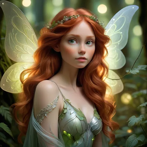 Prompt: In a mystical forest illuminated by ethereal light, a fairy with flowing, wavy auburn hair gazes pensively over her shoulder, embodying both grace and intrigue. Her delicate, iridescent wings shimmer with hints of silver and green, contrasting beautifully against her skin, which is adorned with intricate, natural motifs. The surrounding environment is lush and textured, filled with enchanting flora and softly glowing orbs that create an otherworldly atmosphere. Captured with an enchanting focus, the composition highlights her expressive features, suggesting a narrative steeped in fantasy and wonder, as she seems to invite the viewer into her enchanting realm. The overall mood is magical and serene, evoking a sense of curiosity about the secrets hidden within this vibrant woodland.