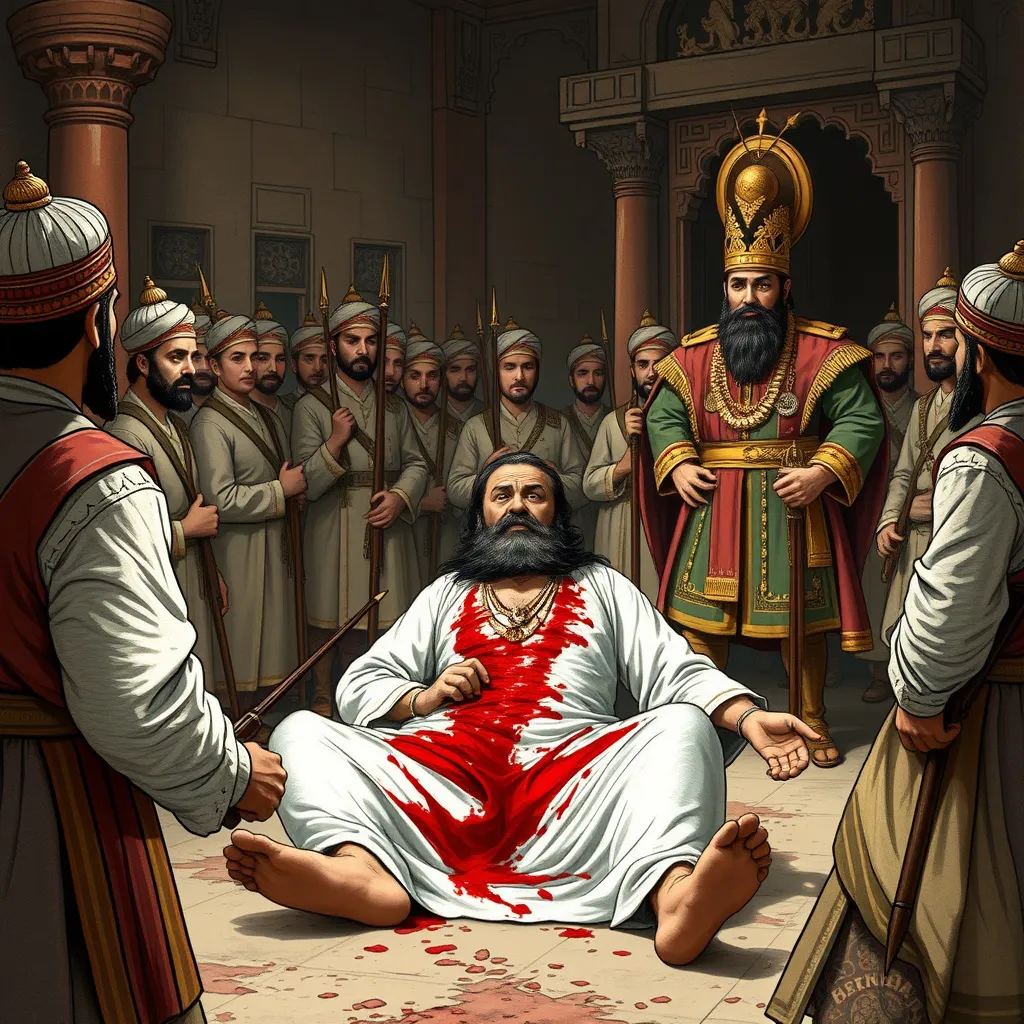 Prompt: GCreate a dramatic and historical illustration of the execution of Sarmad Kashani in 1661. The scene should show Sarmad Kashani, a bearded Sufi mystic with a serene yet resolute expression, being executed by being flayed alive by a Mughal soldier. Surround him with Mughal soldiers in traditional Mughal attire, and include a historically accurate depiction of Emperor Aurangzeb in elaborate Mughal dress, observing the execution with a stern and authoritative demeanor. The setting is a Mughal court or execution ground with period-appropriate architecture and details. The atmosphere should be somber and intense, highlighting the gravity of the moment and the brutality of the execution.