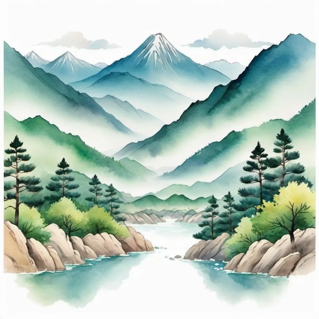 Prompt: I'd like to create a symbolic design incorporating a watercolor depiction of a Korean mountain landscape (설산). The design should capture the serene beauty of Korean mountains painted in watercolor style. Please consider incorporating elements such as towering peaks, lush pine forests, and scenic clouds and rivers typically found in Korean mountain scenery