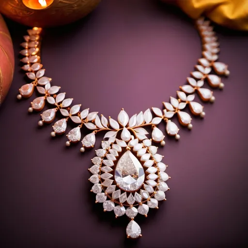 Prompt: diwali post from Tejori, pear shaped diamond necklace where a diya is made from pear shaped diamond and it is lit. top angle